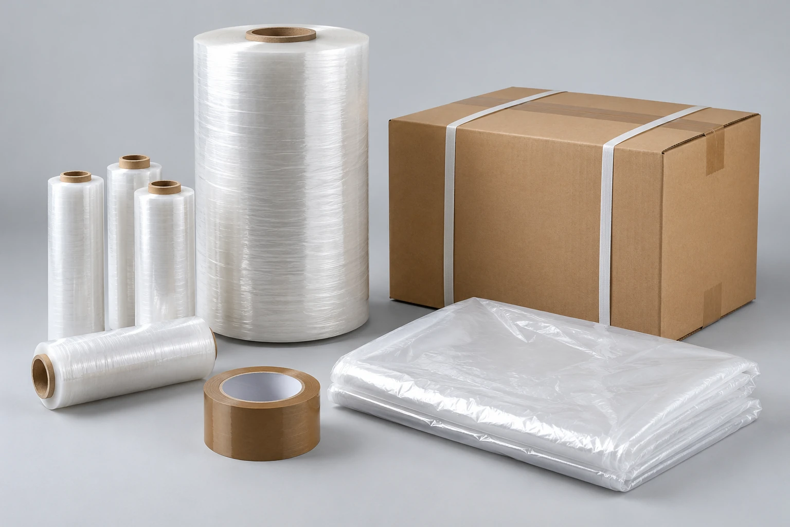 Clear film rolls, folded poly material, tape and a strapped carton